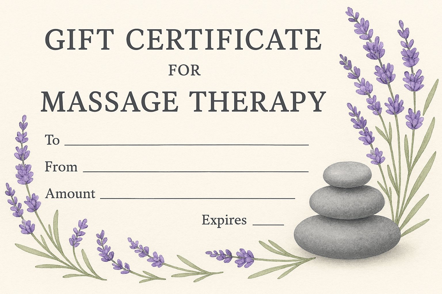 Massage therapy gift certificate with lavender sprigs and stacked stones on a calming background