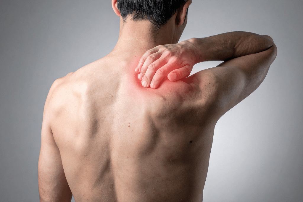 Shoulder pain and muscle tension treated with medical massage therapy to improve function and reduce pain
